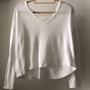 White cropped lace up sweater